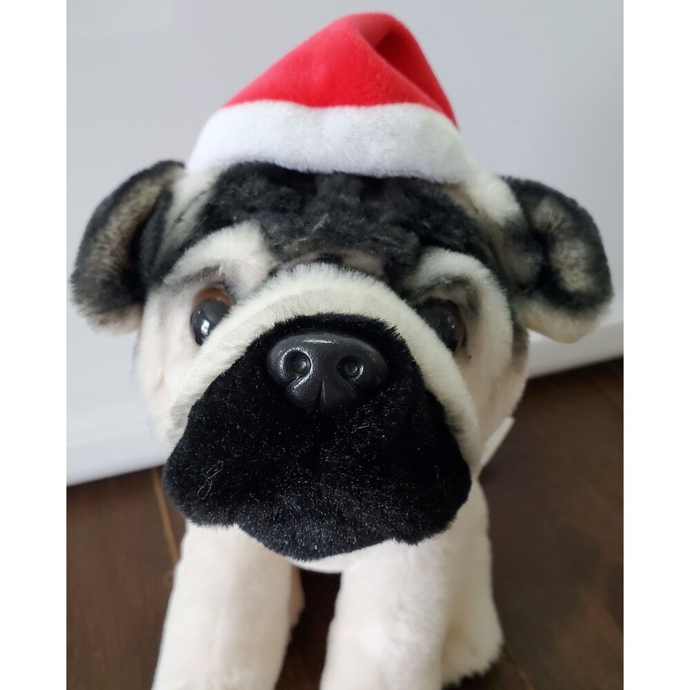 Frankford Pug Puppy Dog Plush 7"  Cream Black Realistic Santa Hat Christmas